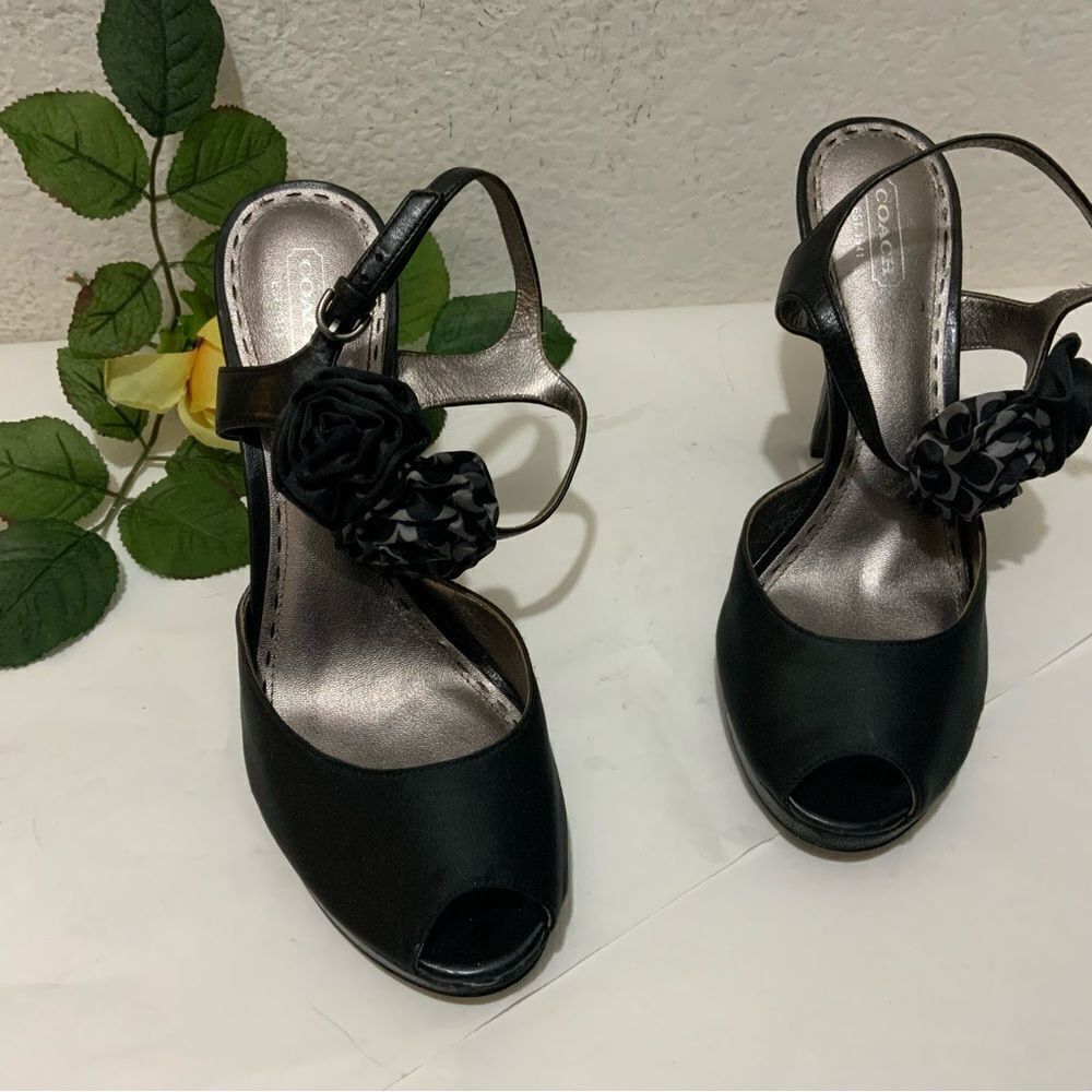 Coach Addysen Black Satin Rosette High Heels Peep Toe Womens Shoes Size 9.5 B